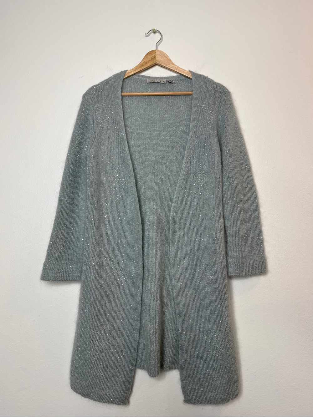Vintage Anne Klein Petite Mohair Fuzzy Knit Sequin cardigan in sage mint green